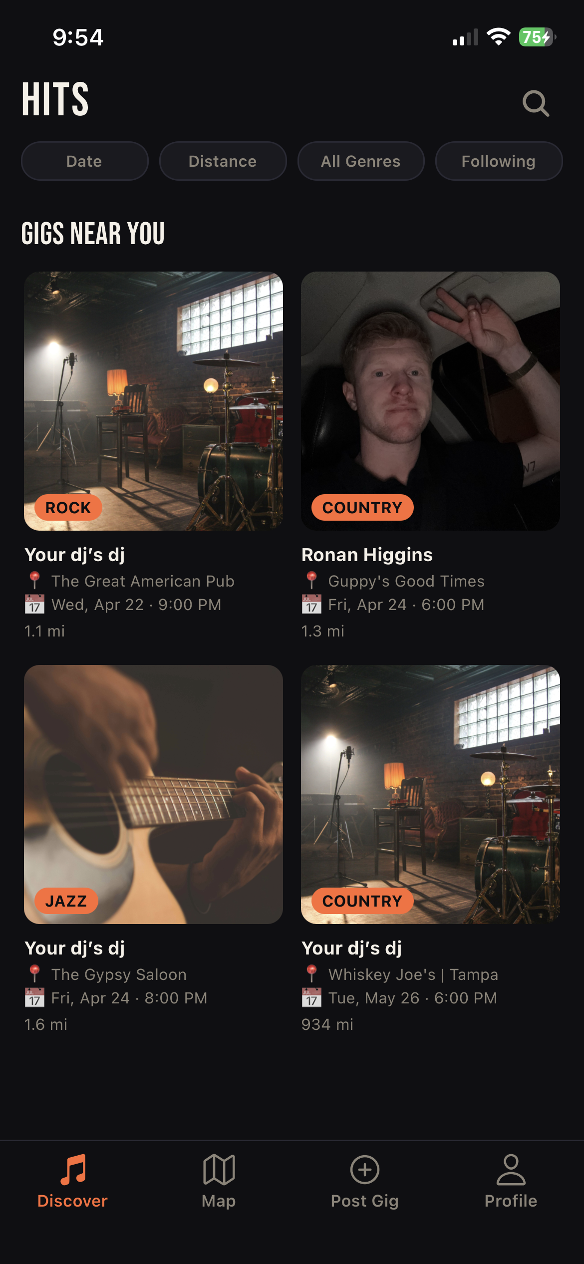 HITS Discover screen showing nearby live music listings