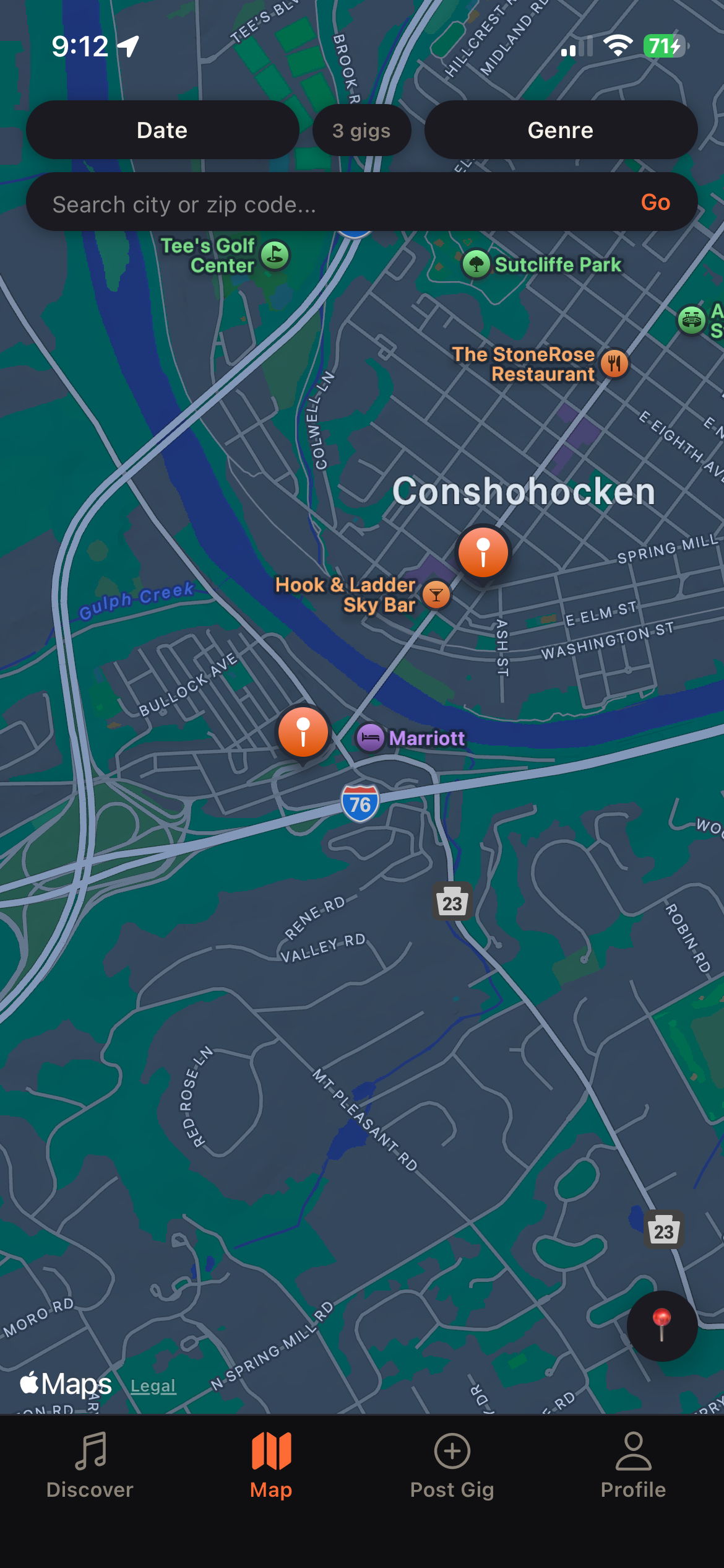 HITS Map view showing gig locations